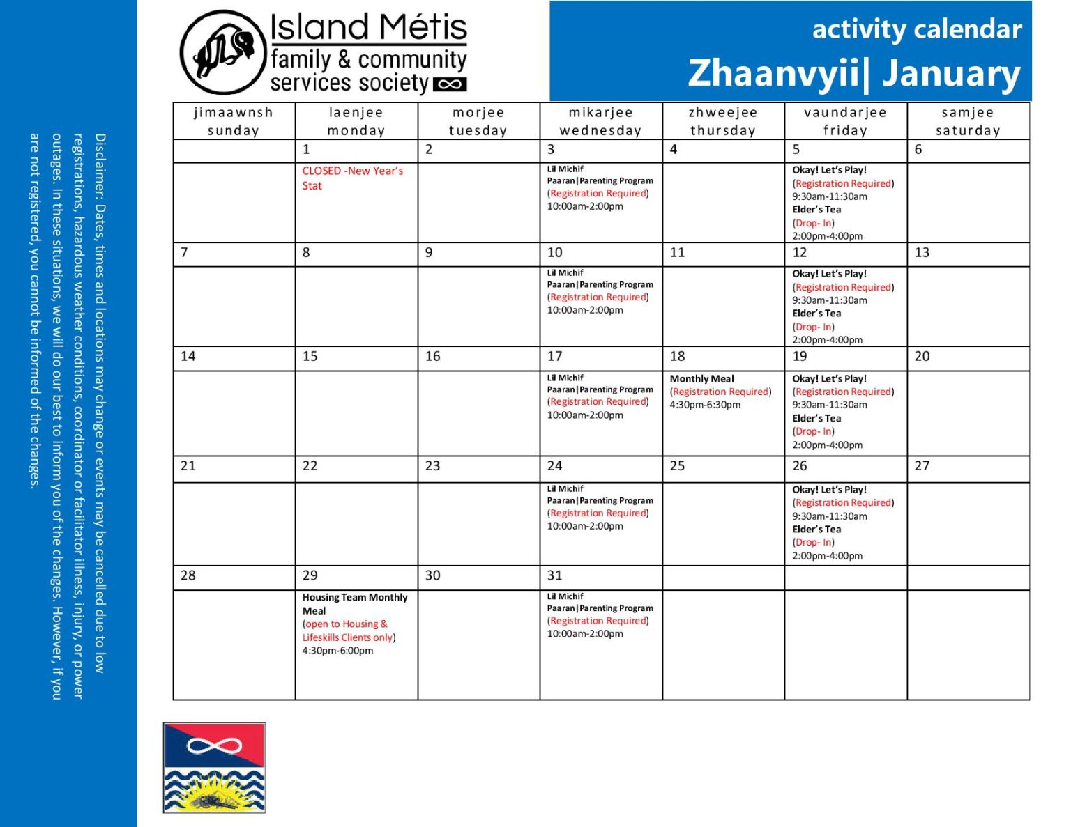 January 2024 Activity Calendar Island Métis Family and Community